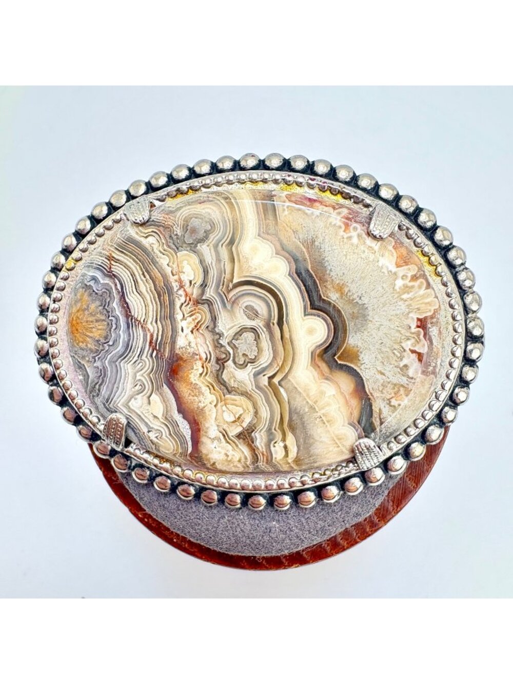 Jasper Bezel Set Sterling Silver 925 Beaded Border Brooch Size 2" Length